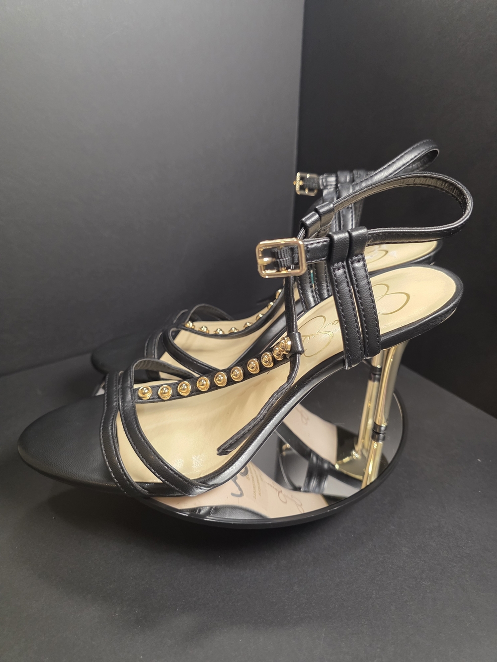 Jessica Simpson Black Strappy Heeled Sandals with Gold Studs